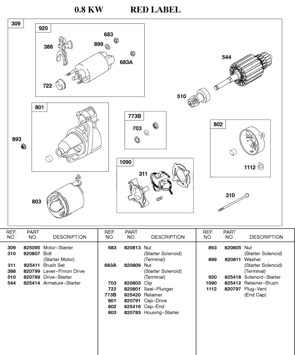 Starter Motor, 0.8kw Red Label Diagram and Parts List for 580447-0315-XX  Briggs and Stratton Engine